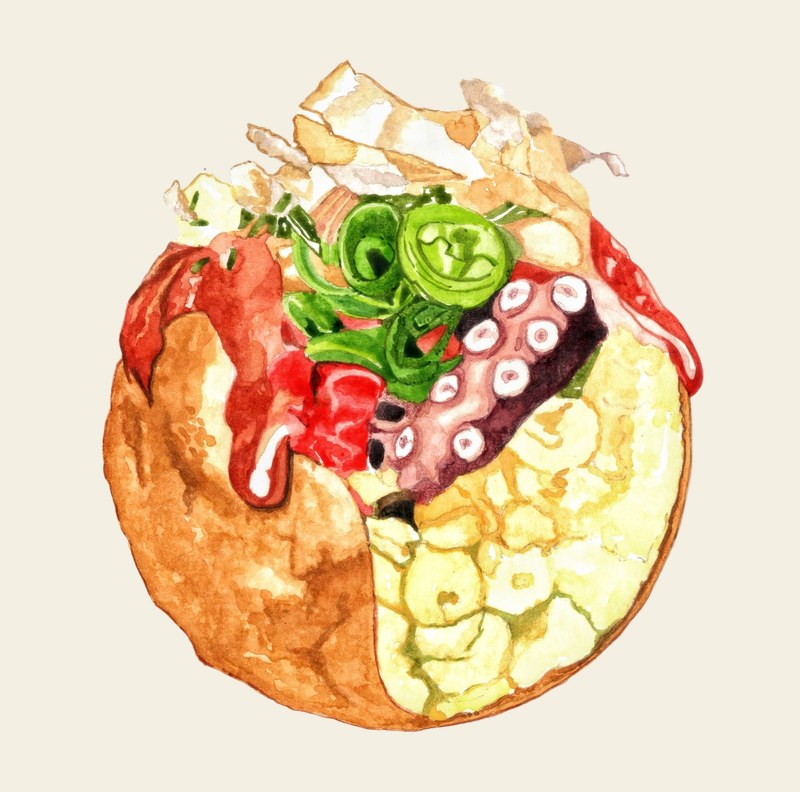 Watercolor illustration of takoyaki showing octopus, green onion, pickled ginger, bonito flakes and dashi batter inside